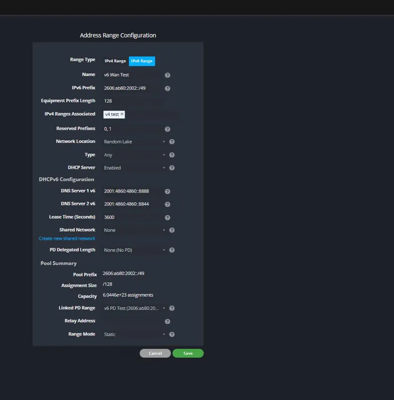 The Address Range Configuration screen for an IPv6 WAN pool showing the Linked PD Range field that ties WAN addresses to delegated prefixes